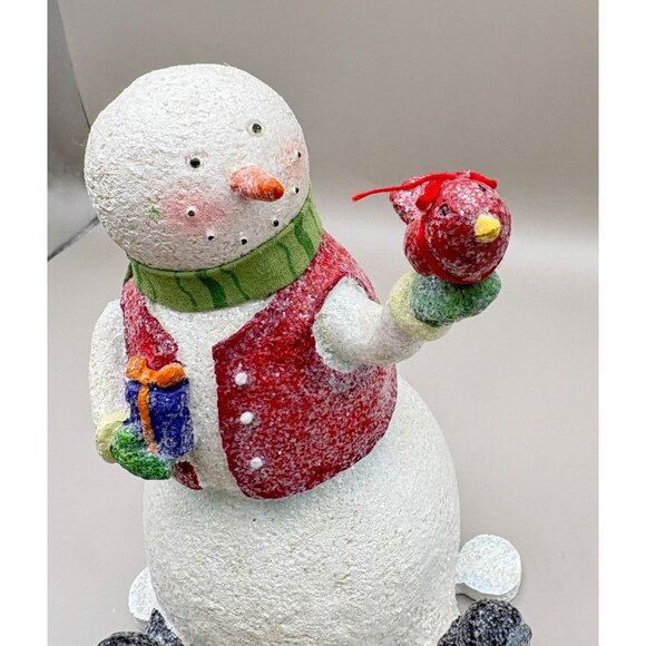 Vintage Whimsical Snowman Christmas Figurine Holding Cardinal Bird & Gift - Picture 6 of 7
